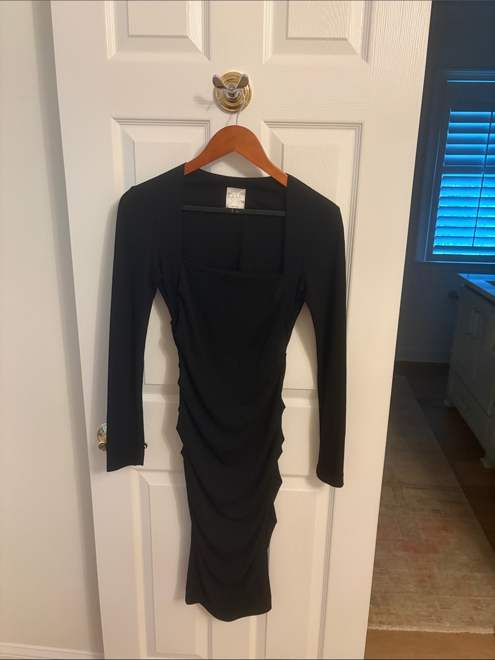 Long-Sleeve Black Ruched Midi Dress with Square Neck